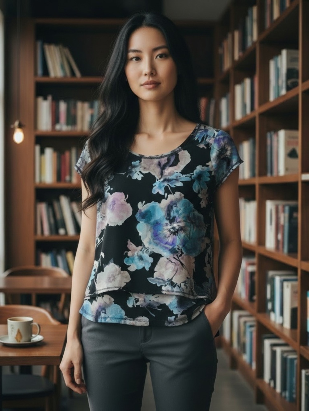 Simply Vera Vera Wang Floral Print Cap Sleeve Tee Black Size M